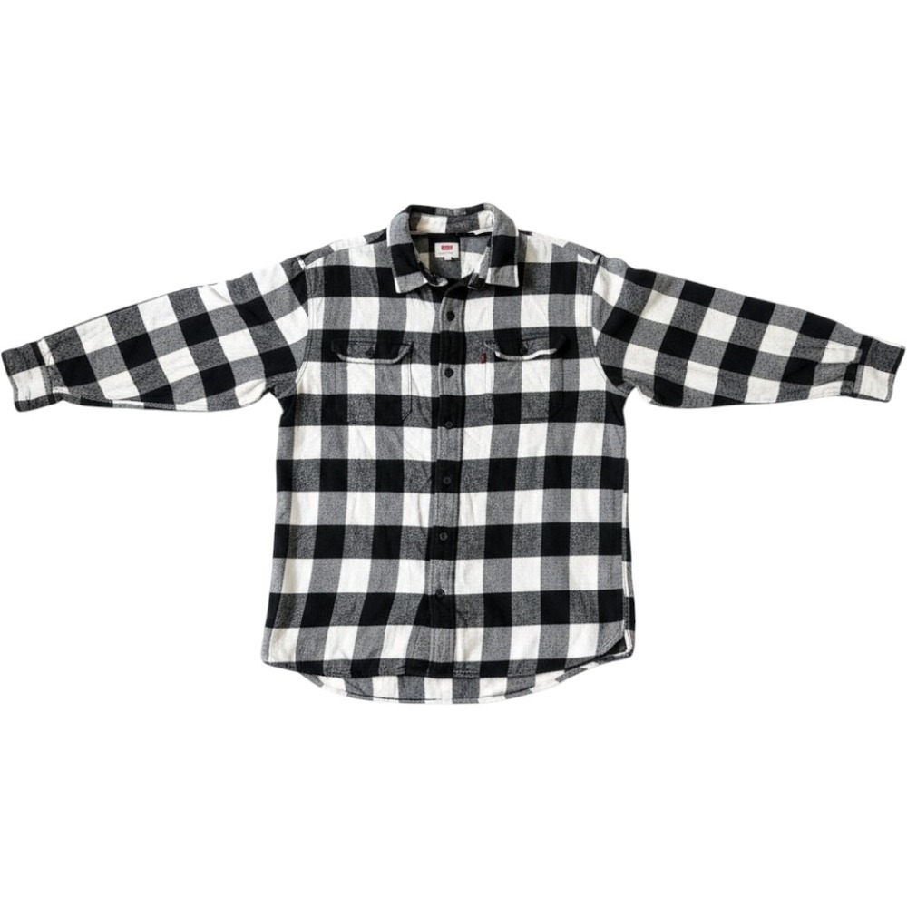 Levis Mens Large Black White Buffalo Plaid Flannel Long Sleeve Button Up Shirt